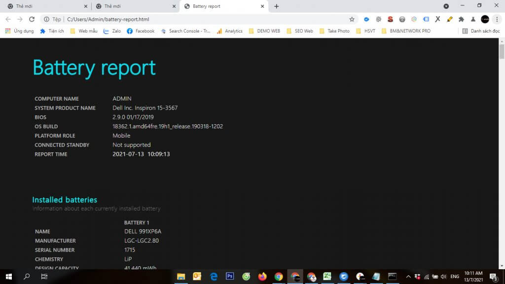Mở file report và kiểm tra thông số pin laptop