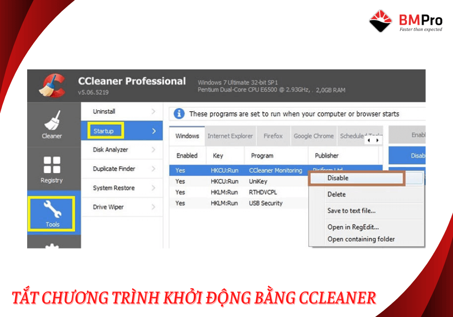 Tắt chương trình khởi động bằng CCleaner